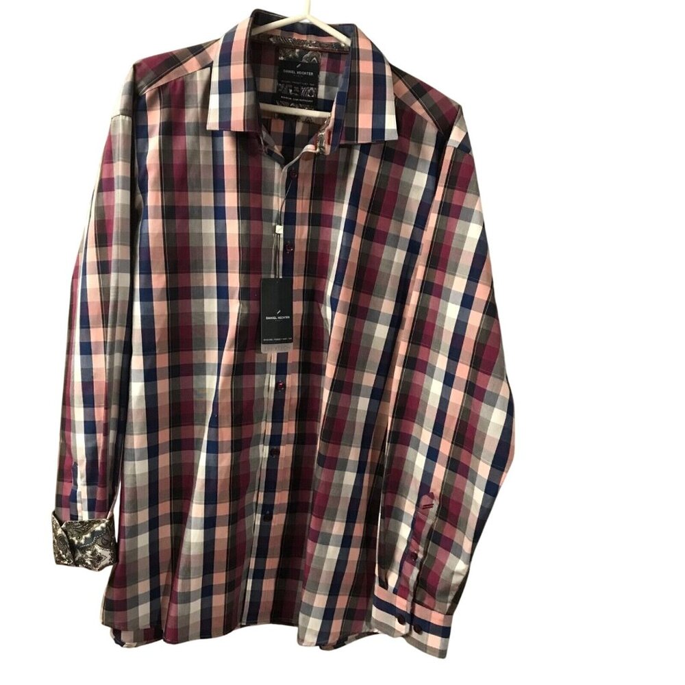 Daniel Hechter Mens XXL Plaid Dress Shirt Paisley Flip Cuff Accents Non-Iron NWT